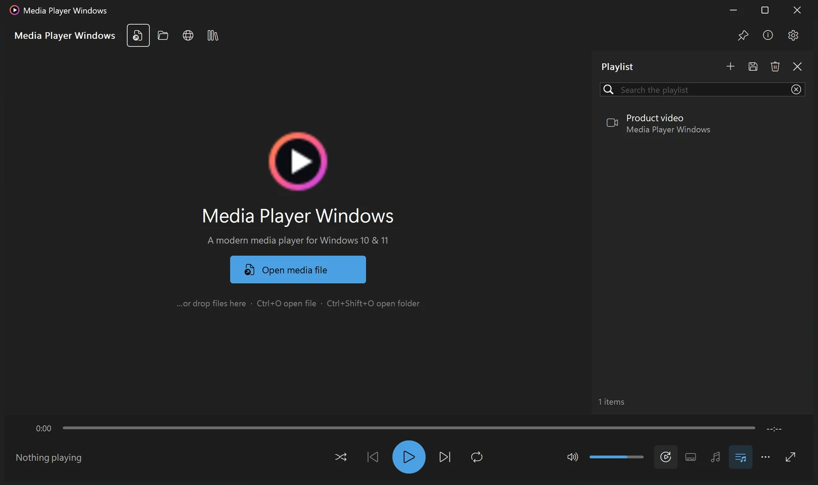 The Media Player Windows window on Windows 11: a dark Fluent interface with a command bar, a large playback area, a playlist panel on the right and transport controls along the bottom.